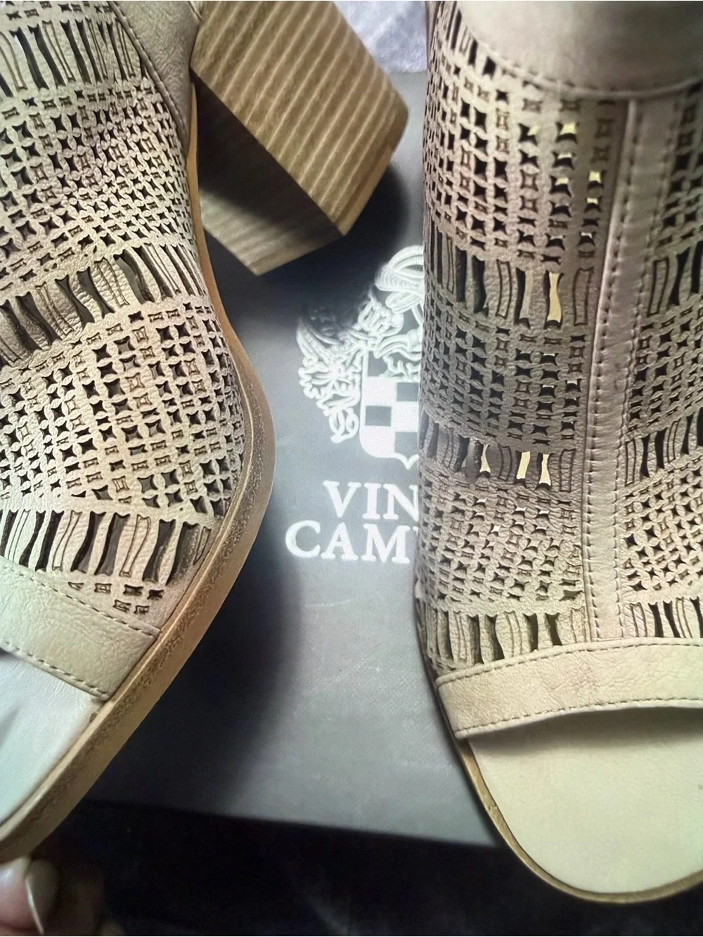 Vince Camuto Taupe Laser-Cut Peep-Toe Wedge Sandals